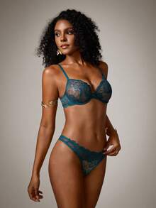 DreamPoppy 1 Set Women's Solid Color Lace Wireless Comfortable Lingerie Set - Dark Green - View 8