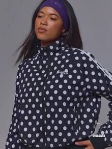 Musera Sport Black Polka Dot Contrast Stripe Side Zip Through Cinched Waist Sport Logo Track Jacket Gym Pilates Fitness Daily Casual Everyday Running Void - Black and White - View 2
