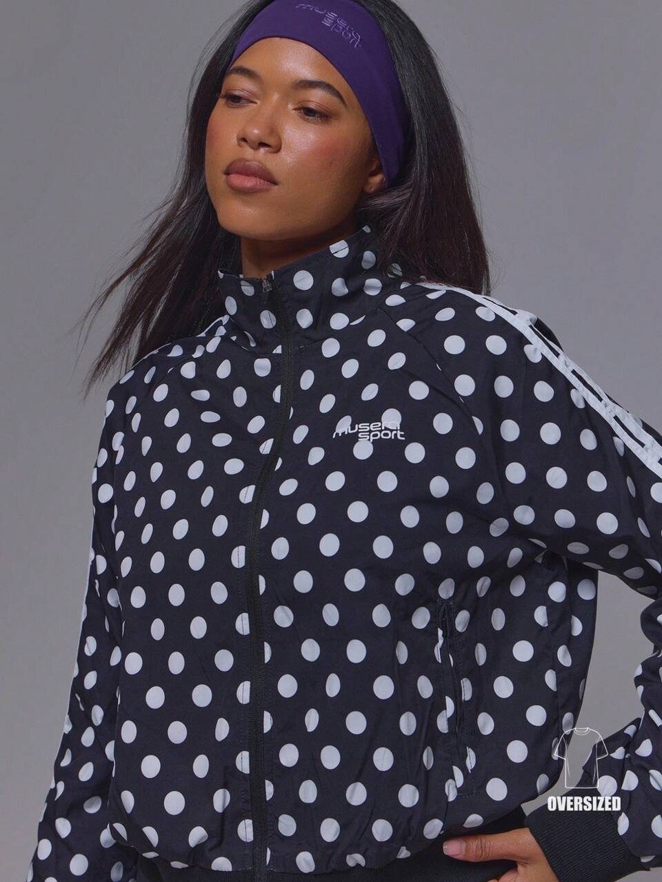 Black Polka Dot Contrast Stripe Side Zip Through Cinched Waist Sport Logo Track Jacket Gym Pilates Fitness Daily Casual Everyday Running Void