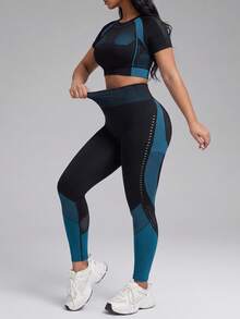 Innovista Innovista Women's Seamless Short Sleeve High Waist Color Block Plus Size Sports Set Gym Set Workout Set Sportswear Activewear Booty Lift Tummy Control Quick Dry - Black - View 6