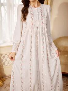 PalaceNights Court Style Small Stand Collar Heavy Embroidery Loose Long Sleeve Nightgown - White - View 1