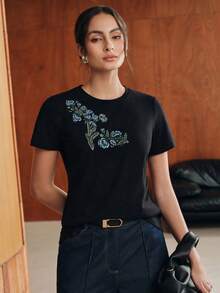 Anewsta 女款花卉印花休閒日常短袖T恤 - 黑色 - 查看 6