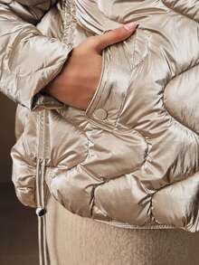 Anewsta Winter Detachable Fur Collar Hat Short Champagne Color Cotton Padded Coat - Champagne - View 3