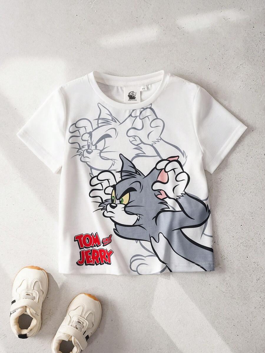 TOM & JERRY X SHEIN 少女卡通印花圓領短袖休閒T恤 - 白色 - 查看 1