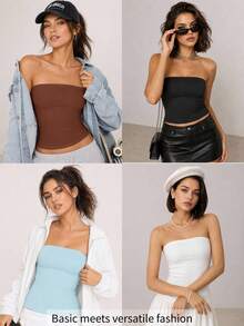 SHEIN BASICS 女款休閒百搭純色抹胸上衣 - 咖啡棕 - 查看 9