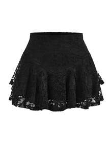 ROMWE PUNK Ruffle Hem Lace Skirt, School - Black - View 1