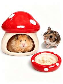 2 Buah Set Rumah dan Mangkuk Hamster Bentuk Jamur Keramik Lucu Warna Merah Anti Selip Tahan Lama untuk Hamster, Tikus, Gerbil Kerdil, Aksesori Dekorasi Kandang Hewan Peliharaan Kecil - View 2