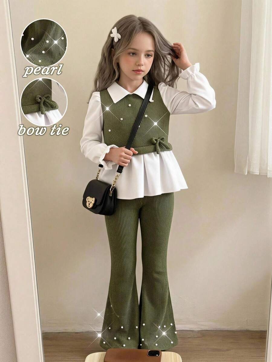 Elladie kids 女童春秋休闲衬衫套装，绿色 3D 蝴蝶结设计，串珠针织罗纹面料，白色长袖荷叶边下摆衬衫上衣搭配卡其色珍珠喇叭裤，两件套，适合返校、休闲、时尚、甜美、舒适的户外旅行