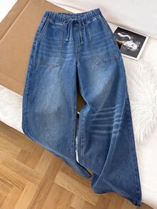 Comfortcana Women's Drawstring Waist Pocket Casual Daily Outing Denim Jeans Fall Clothes - Medium Wash - View 5