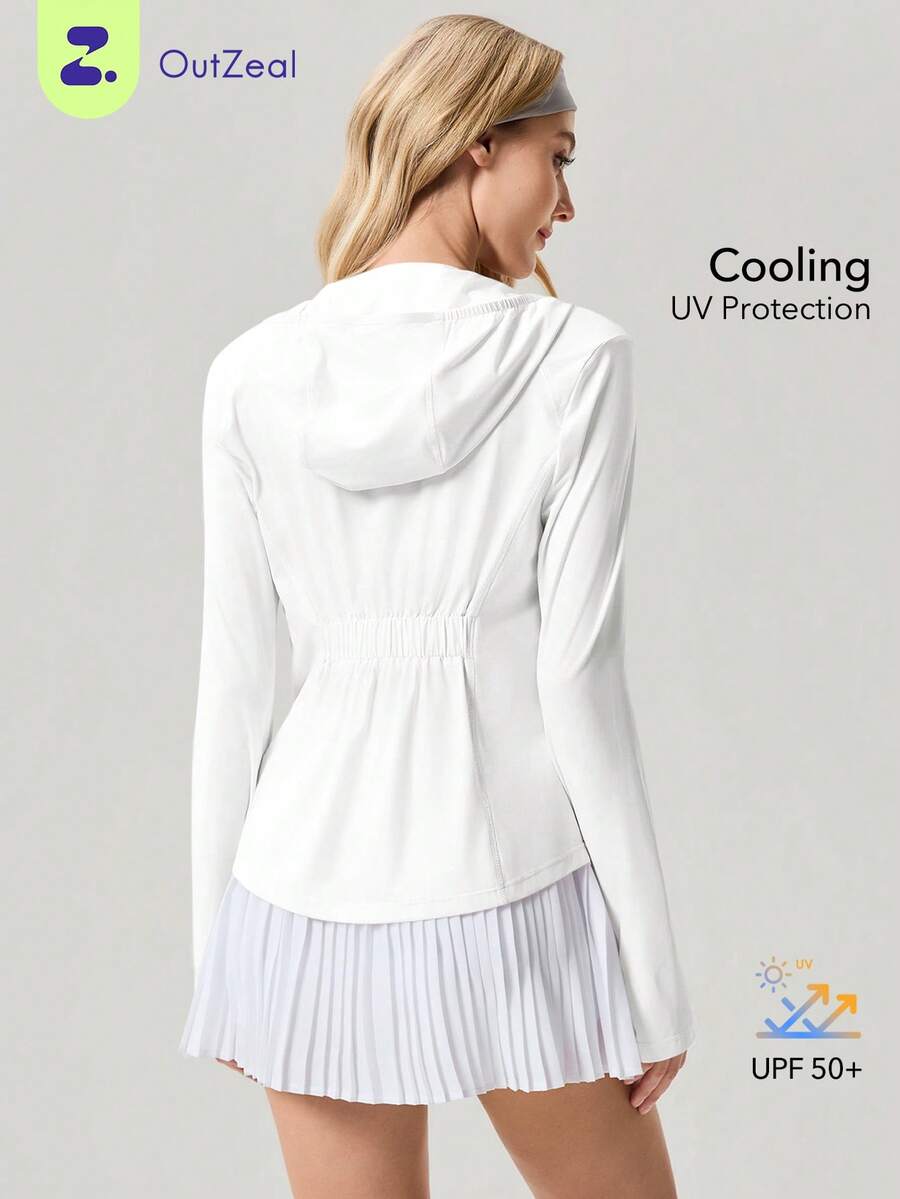 OutZeal 女款防曬休閒瑜伽工作室 UV 防護修身連帽拉鍊運動外套 - 白色 - 查看 1