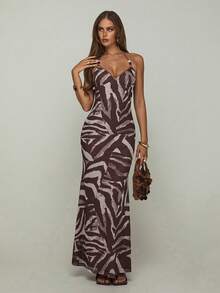 Aloruh Women's Spaghetti Strap Beaded Decor Brown Zebra Print Print Fitted Dress Vacation Summer Sexy - Multicolor - View 6