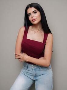 Hindelle Women Elegant Casual Solid Color Pleated Fitted Crew Neck Tank Top Summer - Burgundy - View 4