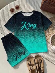 Young Boy Casual Minimalist Cartoon Pattern Short Sleeve T-Shirt & Shorts Loungewear, Suitable For Spring/Summer, Classic Cool Handsome Sports Gradient Pattern Print, Classic Text King Pattern Print, Suitable For Sports, Suitable For Spring/Summer, Slim Fit - Multicolor - View 2