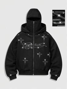 ROMWE MEN Men's Letter Flashing Diamond Double Layer Hooded Loose Zipper Front Sweatshirt - Black - View 8
