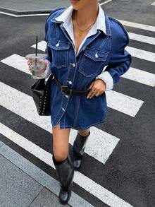 Siren Gaze Women'S Single-Breasted Casual Street Versatile Daily Denim Jacket Fall/Winter Elegant Y2K Chic Basic Festival Back To School Going Out Navy Blue - Blue - View 5