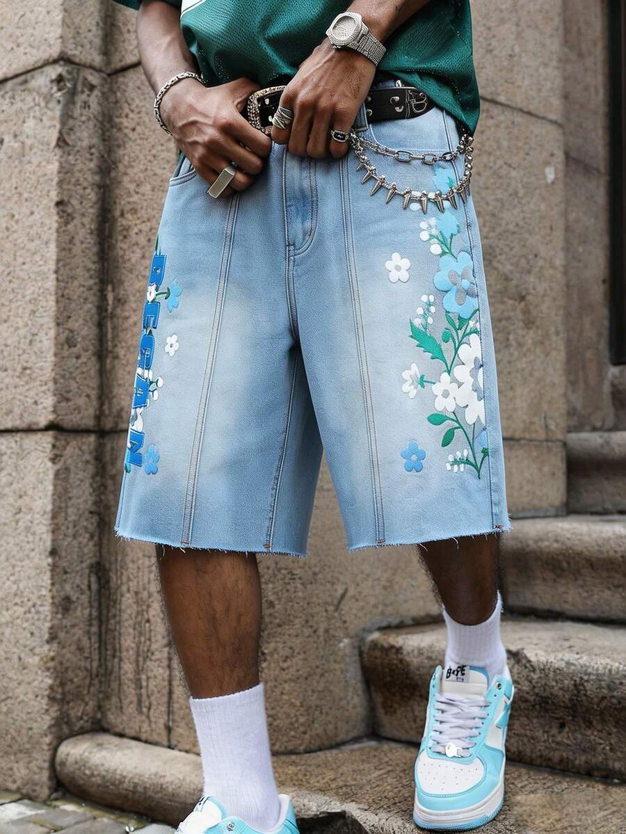 Manfinity EMRG Men's Young Street Style Light Blue Letter & Floral Print Denim Shorts - Light Wash - View 1