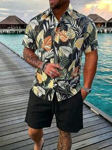 Genlund 2件組男士度假休閒花卉印花短袖襯衫與純色短褲套裝，舒適穿搭 - 彩色 - 查看 1