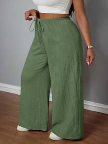 SHEIN PETITE CURVE 大尺碼女款鼠尾草綠紋理休閒束腰寬鬆保守傳統居家褲，適合度假、機場、商務、夏季正式場合 - 橄欖綠 - 查看 6