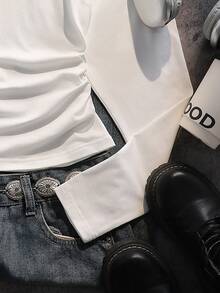 Teen Girl Fall Casual Polo Collar Letter Print Knit Slim Fit Autumn T-Shirt, Holiday, Comfortable - White - View 3