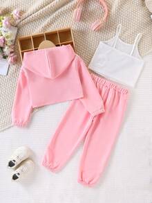 Elladie kids Young Girl Letter Print Hoodie T-Shirt Long Pants Camisole Set Back To School White Autumn - Pink - View 3