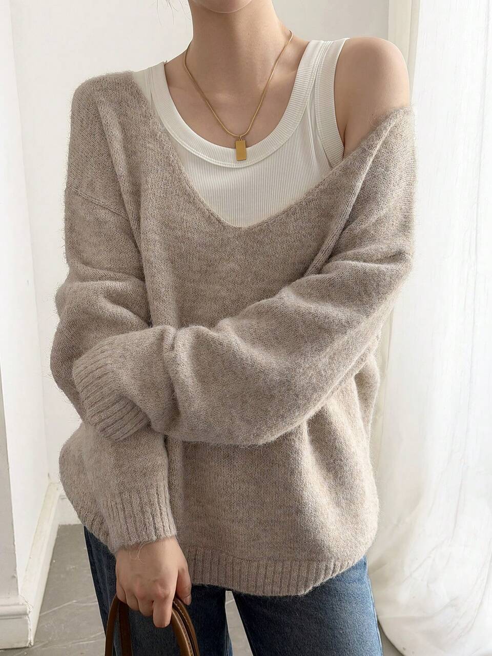 Women's Loose Long Sleeve V-Neck Pullover Elegant Formal Vacation Casual Spring Autumn Knit Sweater