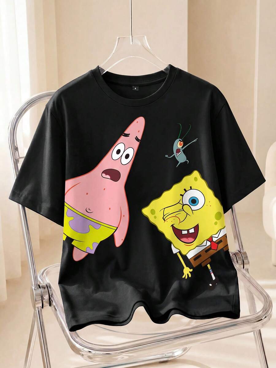 SpongeBob SquarePants | SHEIN 女士卡通印花圆领宽松休闲短袖T恤 - 白色 - 查看 1