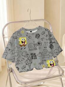 SpongeBob SquarePants | SHEIN Women's Round Neck All-Over Print Casual Everyday T-Shirt - White - View 1