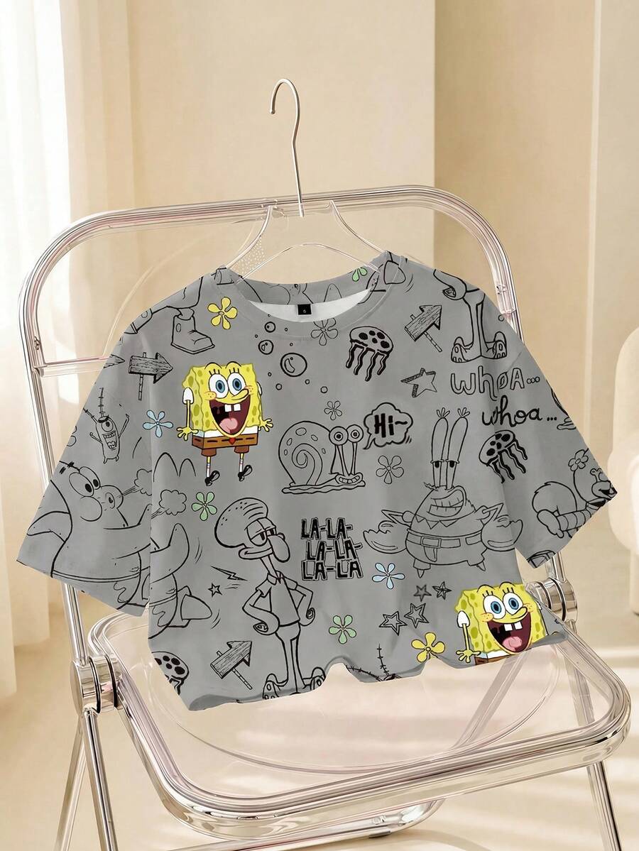 SpongeBob SquarePants | SHEIN Women's Round Neck All-Over Print Casual Everyday T-Shirt - White - View 1