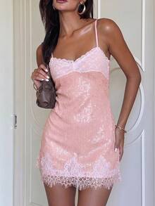 Ure Wave This Women's Blush Pink Sequined Mini Dress, Trimmed With Lace, Is Ideal For A Beach Night Out Vacation Or Party. Summer Sexy - Baby Pink - View 4