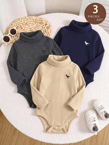 LMoss Kids 男嬰高領小馬印花柔軟刷毛布料修身長袖連身衣 3 件套，秋冬款 - 彩色 - 查看 5
