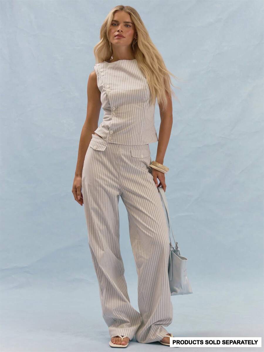MUSERA Mid Rise Straight Leg Trousers With Stripe Pattern And Button Pocket Flap Detail Coord Bottoms Only Autumn Casual Brunch Vacation Blue White - White - View 1