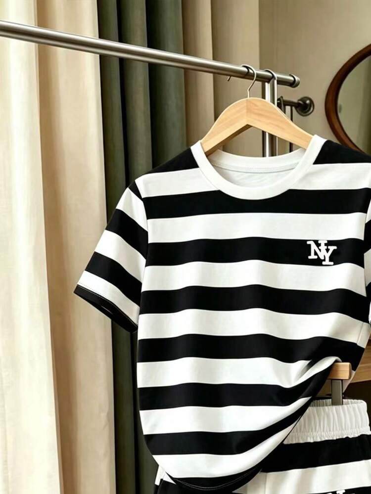 Resyla Women's Summer Casual Colorblock Striped Short Sleeve T-Shirt & Shorts 2-Piece Set - Multicolor - View 3