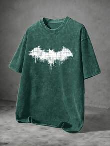 BATMAN X SHEIN Manfinity EMRG Kaos Pria Motif Kelelawar Kasual untuk Pemakaian Sehari-hari, Model Snow Wash - Hitam - View 1