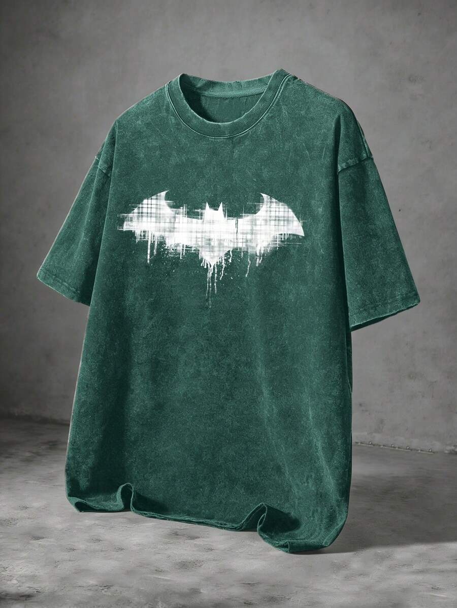 BATMAN X SHEIN Manfinity EMRG Kaos Pria Motif Kelelawar Kasual untuk Pemakaian Sehari-hari, Model Snow Wash - Hitam - View 1