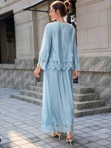 Mulvari 女款法式白色蕾絲刺繡拼接上衣與裙子兩件套 - 藍色 - 查看 2