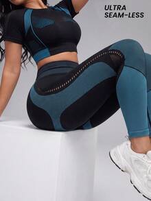 Innovista Innovista Women's Seamless Short Sleeve High Waist Color Block Plus Size Sports Set Gym Set Workout Set Sportswear Activewear Booty Lift Tummy Control Quick Dry - Black - View 5