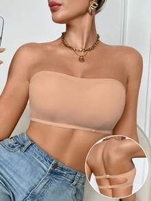 SHEIN Bralette And Wireless Bra With Padding, Straight Band - Khaki - View 2