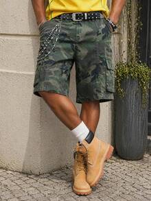 Manfinity EZcore Men Plus Size Casual Street Style Multi-Pocket Distressed Camouflage Wide Leg Denim Shorts - Army Green - View 3