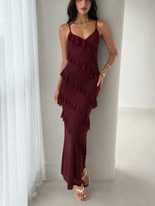 Aloruh Women's Spring/Summer Bohemian Elegant Ruffle Trim Fitted Dress Day Party Dinner Holiday Night Burgundy - Maroon - View 3