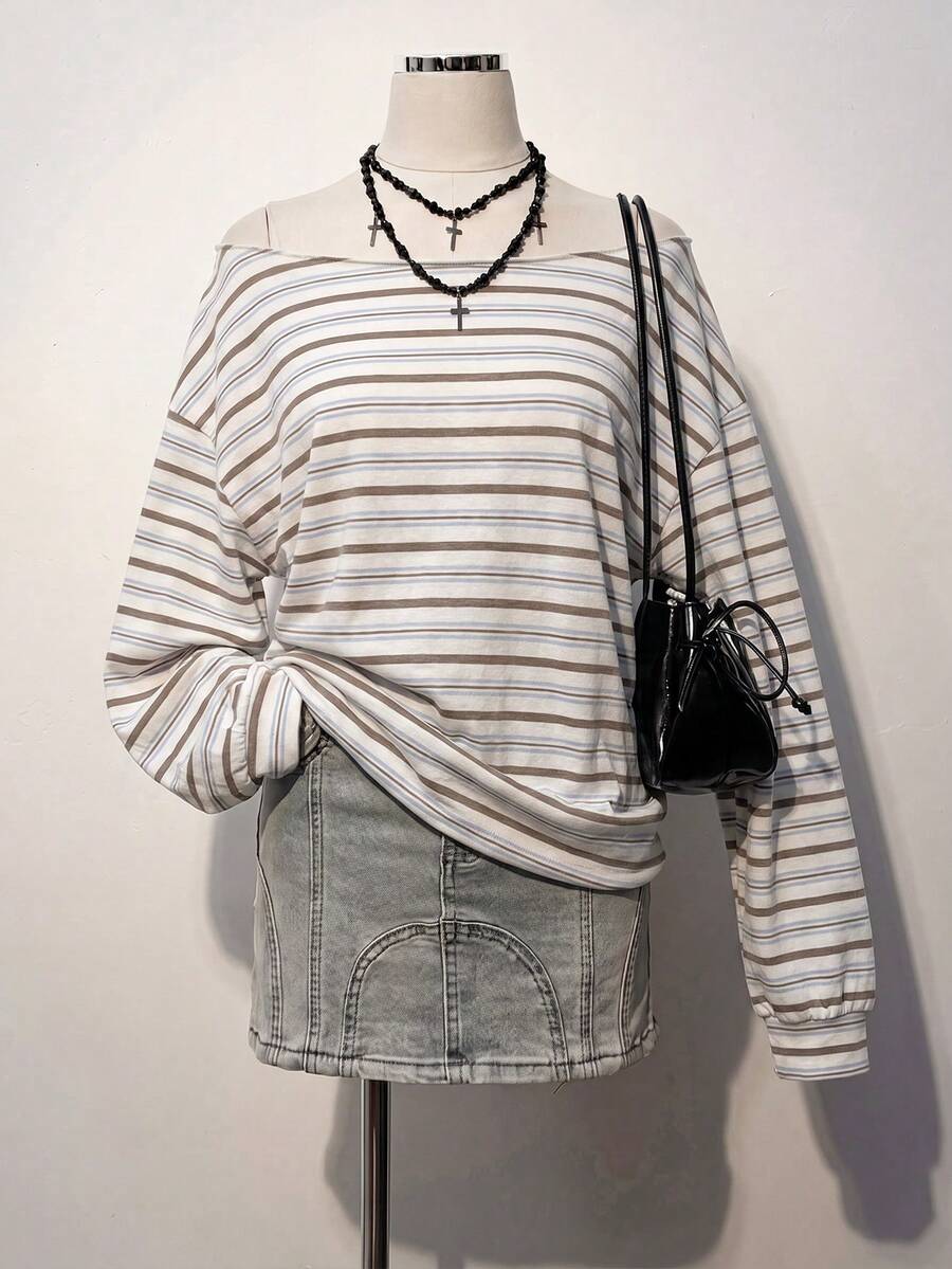 SHEIN EZwear Casual Minimalist Style Asymmetrical Striped All-Over Print Women's Loose Fit Asymmetrical Shoulder Sweatshirt, Suitable For Spring And Summer - Multicolor - View 1
