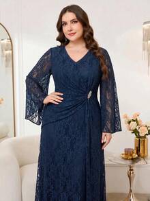 Reflora Plus Size Rhinestone Decorated Lace Ruffle V-Neck Elegant Dress Wedding Evening Dinner Formal Evening Navy Blue Autumn Wedding Fall - Blue - View 4