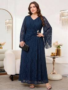 Reflora Plus Size Rhinestone Decorated Lace Ruffle V-Neck Elegant Dress Wedding Evening Dinner Formal Evening Navy Blue Autumn Wedding Fall - Blue - View 8