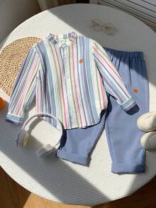 SHEIN 2件組小男孩休閒度假舒適百搭條紋小領短袖襯衫與長褲套裝，適合婚禮季、海灘、開學季，春夏季穿著 - 彩色 - 查看 3