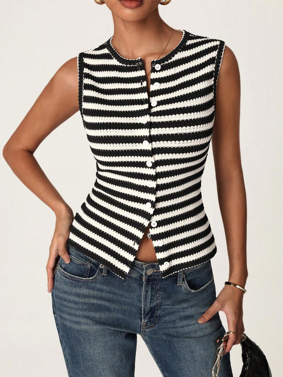 SHEIN BASICS 女款條紋單排扣休閒百搭背心 - 黑與白 - 查看 1