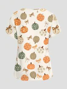 PopScrub Women's Pumpkin Bow Pattern Short Sleeve Scrub Top - Multicolor - View 2