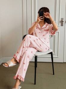 Napfluff Women's Blue Striped Bow Print Patchwork Contrast Color Ruffle Collar Short Sleeve Long Pants Pajama Set - Orange - View 4