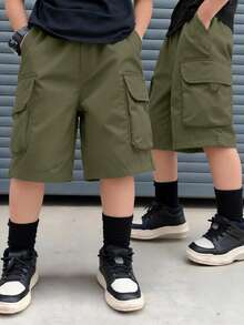SHEIN Teen Boy Solid Color Casual Versatile Daily Wear Cargo Shorts - Army Green - View 2