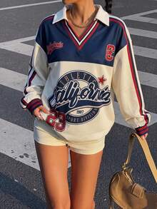 Muchica 女款新款秋季街頭運動時尚 Polo 領長袖寬鬆運動衫，秋季上衣，適合日常通勤、聚會、秋冬/夏季、聖誕節、新年、感恩節、派對、婚禮、海灘、畢業典禮、優雅、外出、約會、通勤、情人節、優雅、度假、Y2K、畢業典禮等場合 - 彩色 - 查看 5