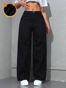 SHEIN Unity Cowgirl 大尺碼女款春季黑色無彈力修身直筒牛仔褲，女款春季 - 黑色 - 查看 1