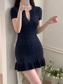 DAZY Pattern Embroidered Fitted Ruffle Trim Short Sleeve Dress Casual Vacation Old Money Elegant Spring Autumn Women's Sweater Dress - Blue - View 8